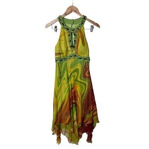 NWT Vintage Y2K Sue Wong Dresses Green Yellow Silk Scarf Dress 0